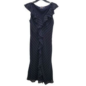 American Living Women's Navy White Pinstripe Ruffle Front Flutter Midi Dress 12‎